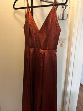 Galina Satin Bridesmaid V-Neck Slip Dress in Rust Red Size 0